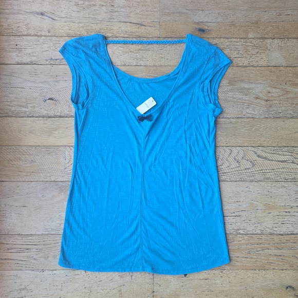 Aerie Blue Back Lace Bow Scoop Neck Relaxed Fit Short Sleeve Tee coquette girly - Picture 1 of 6
